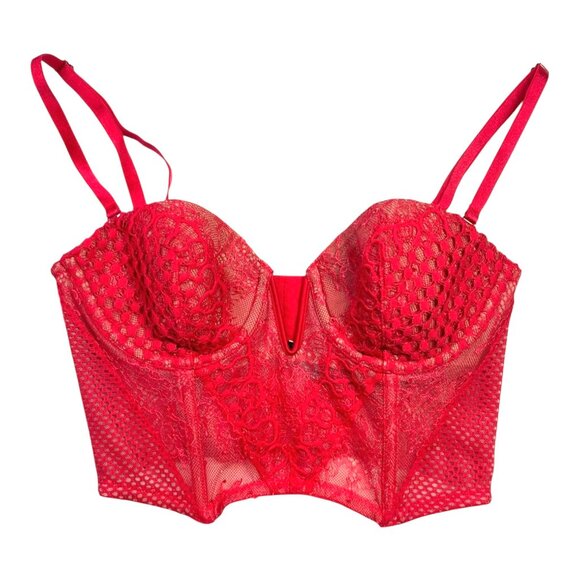 Victoria's Secret Size 32C Red Lace Underwire Boned Corset Bra Strapless - Picture 1 of 8